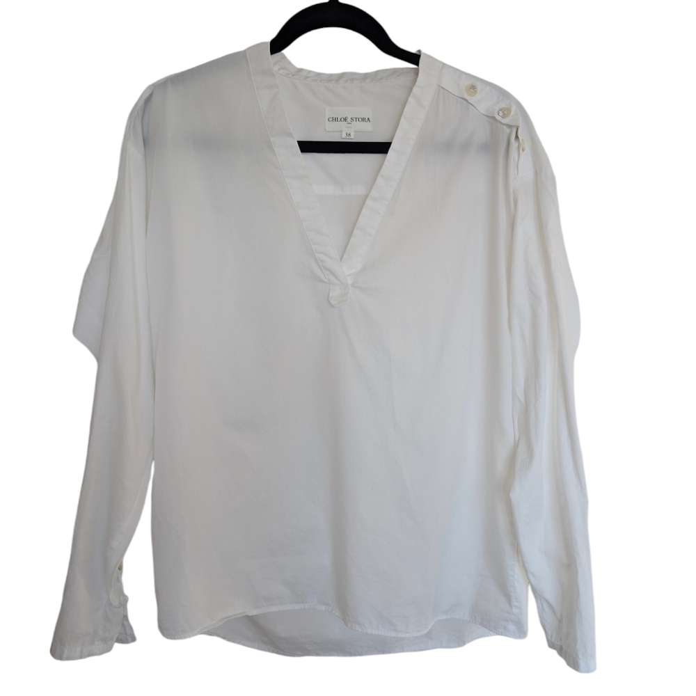 Chloé Stora Paris White Cotton Shirt Lightweight V-Neck Pearl Buttons Size FR38